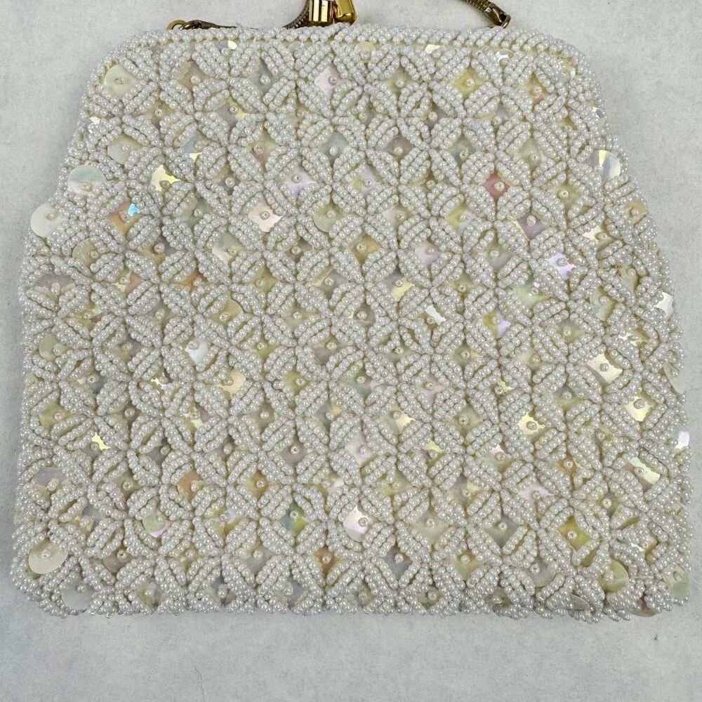 Vintage Womens White Beaded Geometric Floral Evening Bag Small Clutch Purse HK - Picture 4 of 12